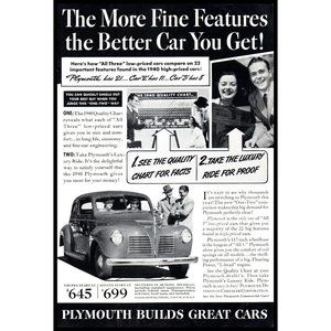 1940 Plymouth Antique Car Vintage Print Ad Wall Art Photo